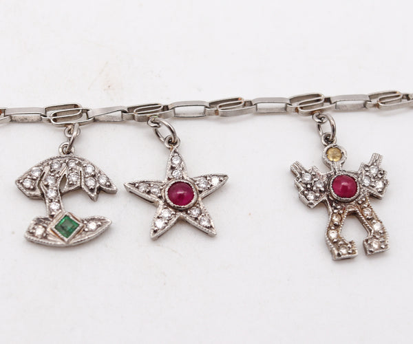 Art Deco 1930 Eleven Charms Bracelet In Platinum Enamel With 3.48 Ctw In Diamonds And Gems