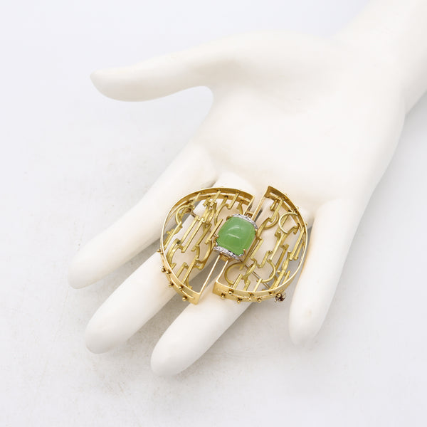 Italian 1970 Studio Kinetic Pendant Brooch In 18 Kt Gold With 9.74 Cts Diamonds And Jade