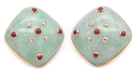 SEAMAN SCHEPPS TRIANON 18 KT AVENTURINE EARRINGS WITH 1.16 Ctw IN DIAMONDS & RUBIES