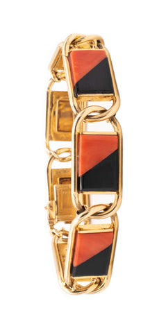 Cartier 1960 Paris By George L'Enfant Geometric Bracelet In 18Kt Yellow Gold With Coral And Onyx