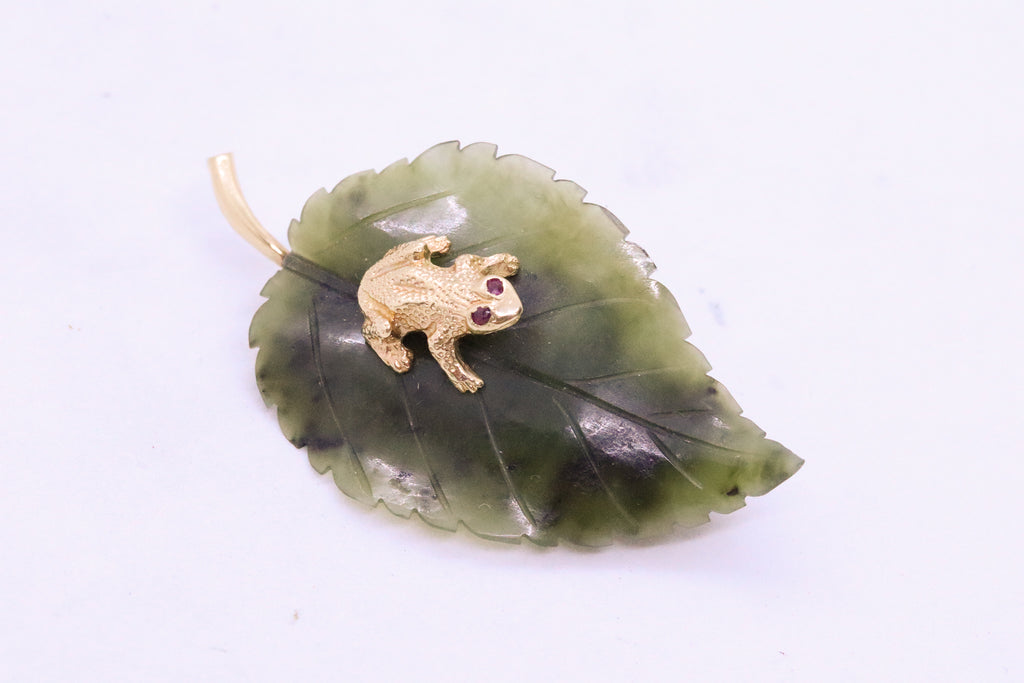 Cellin 14K Yellow Gold and Enamel Green Frog Pin Brooch