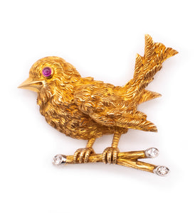 *Cartier 1960 Paris humming bird brooch in 18 kt yellow and platinum with diamonds & rubies