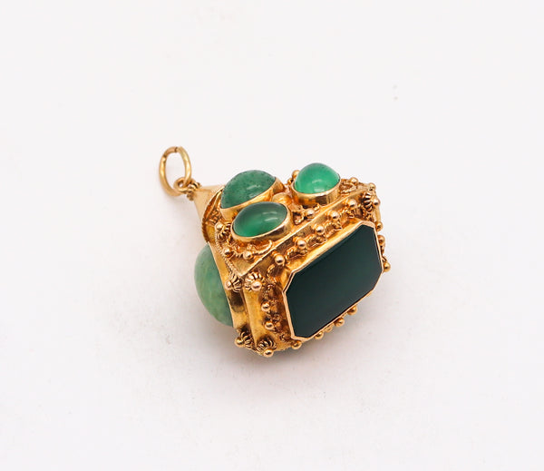 -Italian 1960 Vintage Etruscan Revival Gem Set Charm In Solid 18Kt Yellow Gold