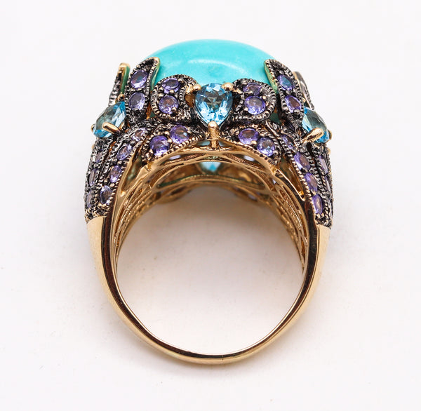 Carlo Viani Turquoise Cluster Cocktail Ring In 18Kt Gold With 26.64 Cts In Iolites And Topaz