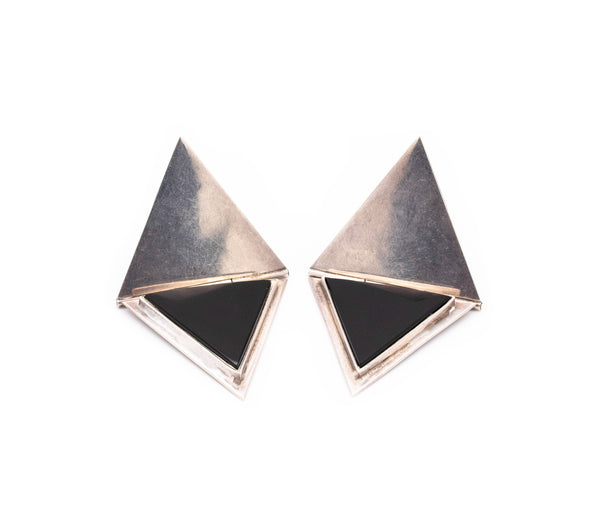 MEXICO 1970 STERLING SILVER GEOMETRIC EARRINGS WITH BLACK ONYX