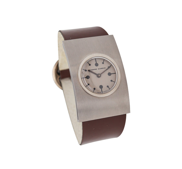 -Pierre Cardin 1971 By Jaeger LeCoultre PC105 Retro Round Wrist Watch In Stainless And Leather