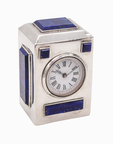 Asprey 1895 London Desk Travel Clock In 925 Sterling Silver With Lapis Lazuli