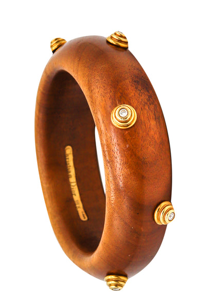 Christian Dior Paris 1960 Rare Bangle In Wood And 18Kt Yellow Gold With Diamonds