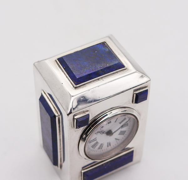 Asprey 1895 London Desk Travel Clock In 925 Sterling Silver With Lapis Lazuli