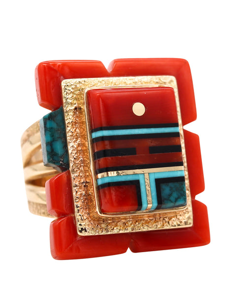 *Zuni Native American 1970's Vintage Geometric ring in 14 kt gold with inlaid Gemstones
