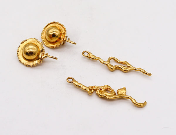 -Jean Mahie Paris Artistic Convertible Dangle Earrings in Textured 22Kt Yellow Gold