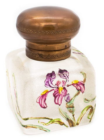 *Daum Nancy 1900 France Art-Nouveau inkwell in art glass with enameled flowers and bronze