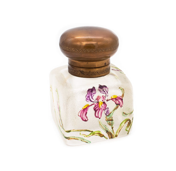 *Daum Nancy 1900 France Art-Nouveau inkwell in art glass with enameled flowers and bronze