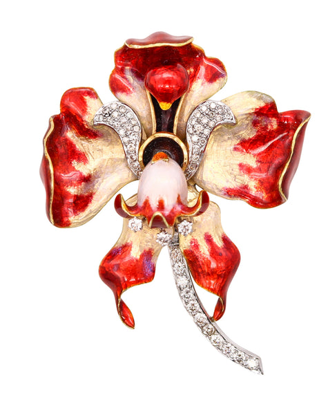 Art Nouveau 1880-1900 Attr To Tiffany Enameled Red Orchid Brooch In 18Kt Gold & Platinum With 2.82 Cts In Diamonds