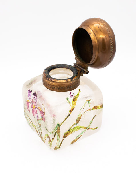 *Daum Nancy 1900 France Art-Nouveau inkwell in art glass with enameled flowers and bronze