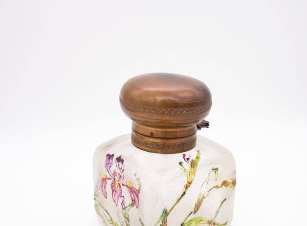 *Daum Nancy 1900 France Art-Nouveau inkwell in art glass with enameled flowers and bronze