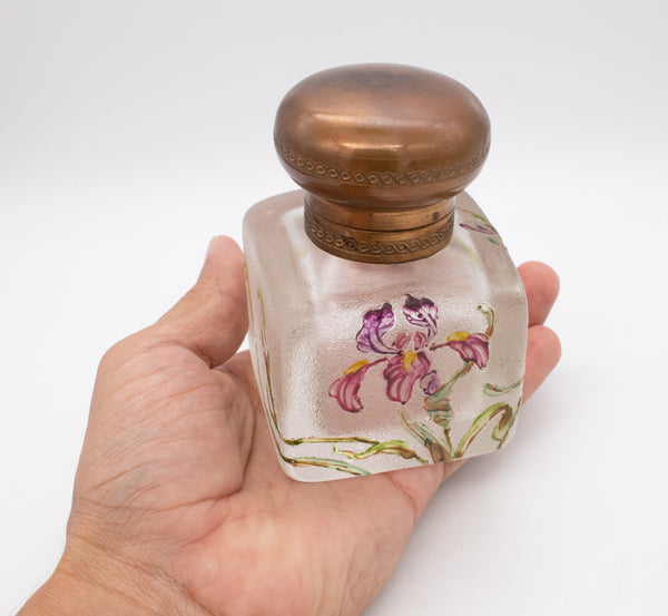 *Daum Nancy 1900 France Art-Nouveau inkwell in art glass with enameled flowers and bronze