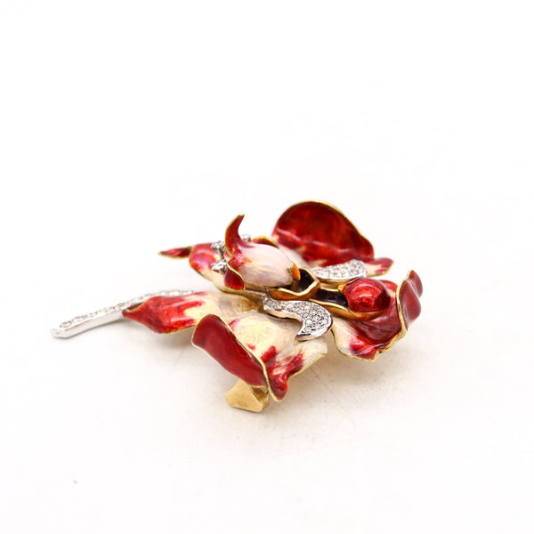 Art Nouveau 1880-1900 Attr To Tiffany Enameled Red Orchid Brooch In 18Kt Gold & Platinum With 2.82 Cts In Diamonds