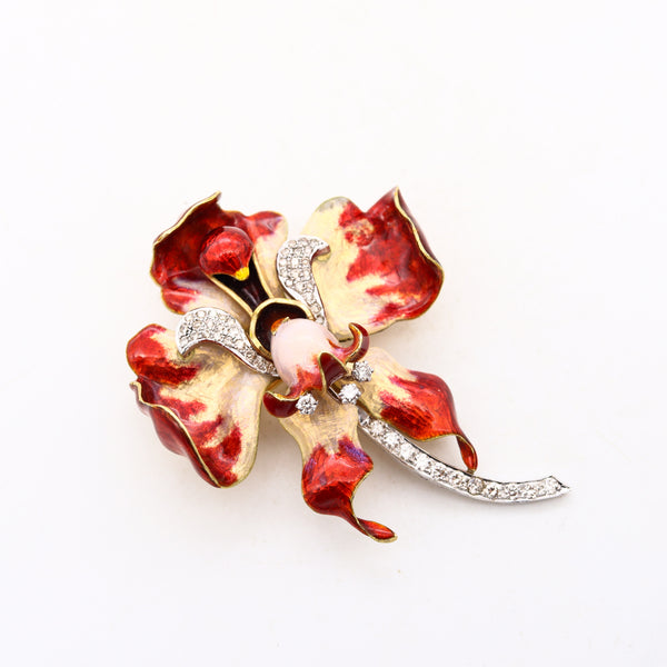 Art Nouveau 1880-1900 Attr To Tiffany Enameled Red Orchid Brooch In 18Kt Gold & Platinum With 2.82 Cts In Diamonds