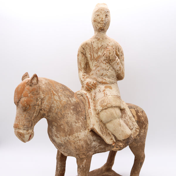 *China 618-917 AD Tang Dynasty Antiquity Figure Of A Horse Rider In Earthenware Clay Pottery