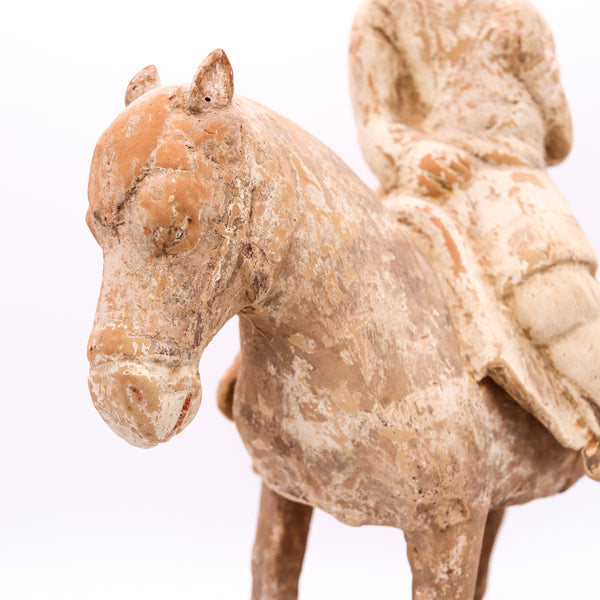 *China 618-917 AD Tang Dynasty Antiquity Figure Of A Horse Rider In Earthenware Clay Pottery