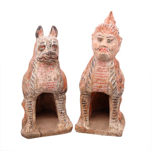 +China 618-907 AD Tang Dynasty Pair Of Polychromate Earth Spirits Zhenmushou In Earthenware Pottery