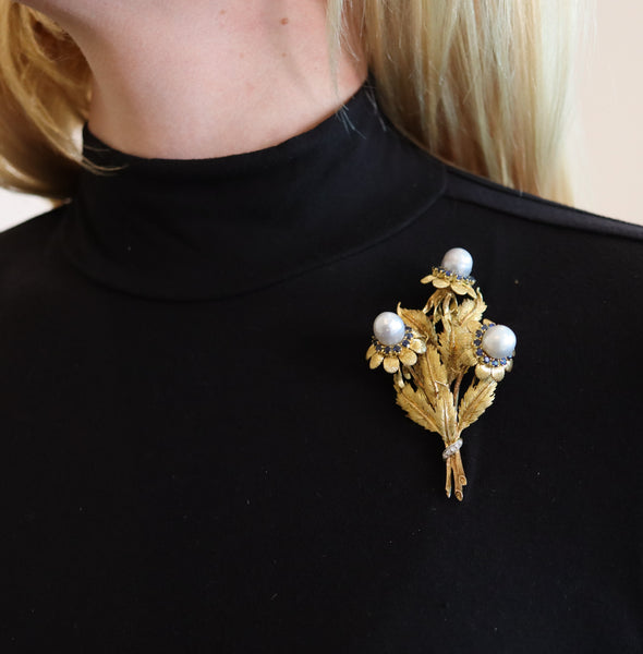 -Mario Buccellati 1960 Milan Profumo Brooch In 18Kt Yellow With Pearls And Sapphires