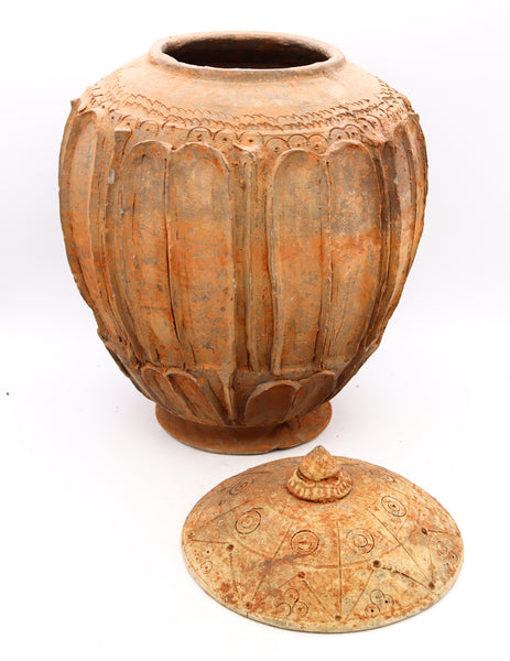 +China 618-907 AD Tang Dynasty Period Offering Covered Vessel With Lotus In Earthenware Red Pottery