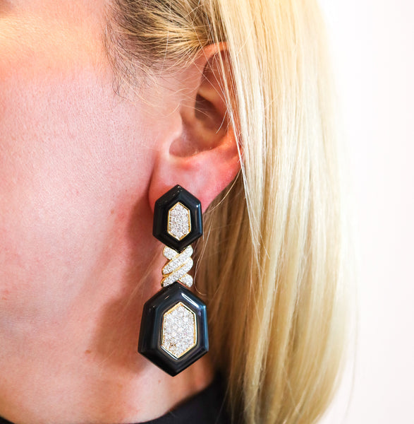 -Modernist Black Onyx Dangle Drop Earrings In 18Kt Yellow Gold With 5.04 Ctw Diamonds