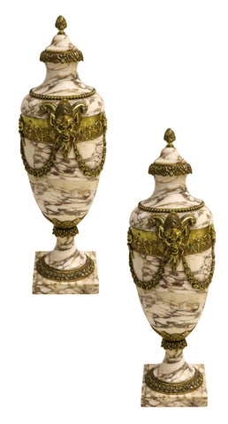French 1870 Third Empire Napoleon III Pair Of Urns In Marble With Gilded Bronze Ormolu