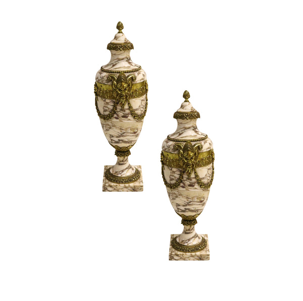 French 1870 Third Empire Napoleon III Pair Of Urns In Marble With Gilded Bronze Ormolu