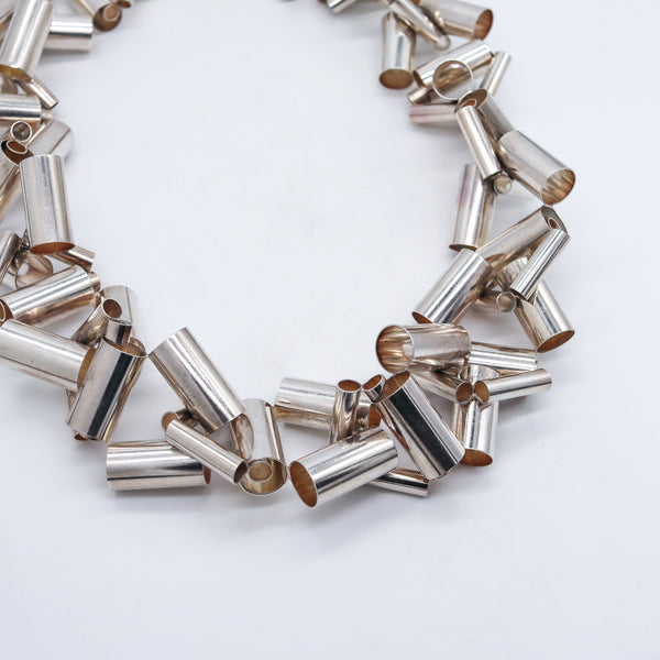 -Cleto Munari 1980's Avant Garde Industrial Tubular Geometric Necklace In .925 Sterling Silver