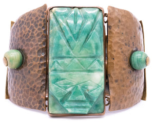Casa De Maya 1950 Mexico Mixed Metals Statement Bracelet With Green Jade