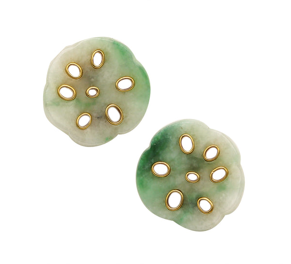 Angela Cummings Studios 1983 Lotus Clip On Earrings In 18Kt Gold With Nephrite Jade