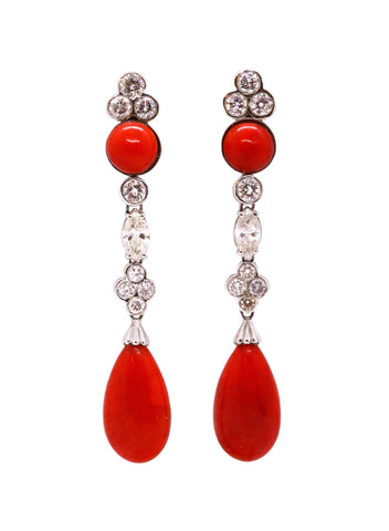 ITALIAN 18 KT GOLD RED CORAL & DIAMONDS LONG EARRINGS