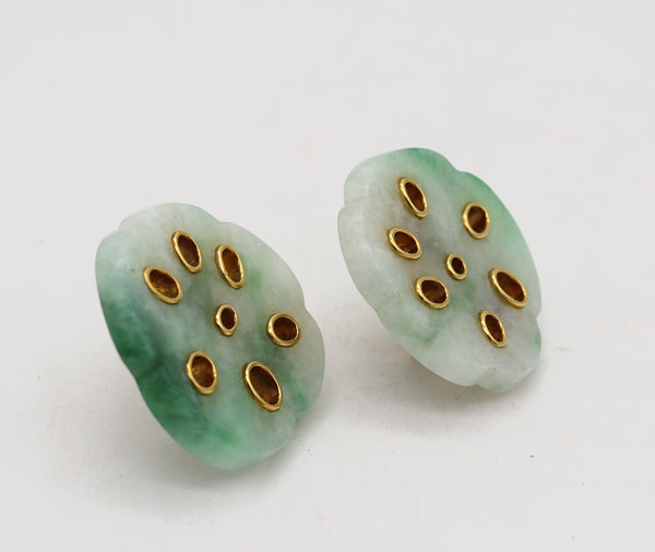 Angela Cummings Studios 1983 Lotus Clip On Earrings In 18Kt Gold With Nephrite Jade