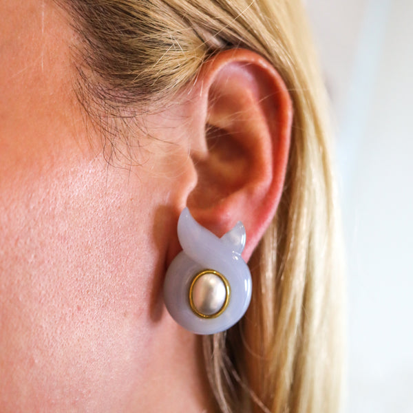 -Verdura Milan Free Forms Clip Earrings In 18Kt Gold With Carved Blue Lace Agate