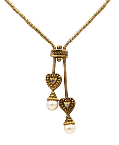 *Italian Etruscan Revival lavalier necklace in 14 kt gold with Diamonds and pearls