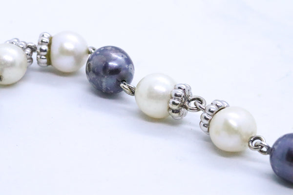 Italian Modern Stations Necklace In 14Kt White Gold With Black And White Pearls
