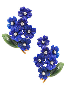 Johann Hoburka Austria 1950 Floral Bouquet Clip Earrings In 18Kt Gold With Diamonds And Gemstones