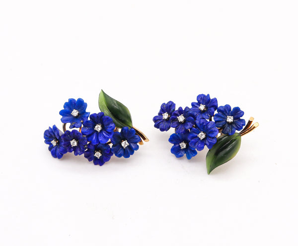 Johann Hoburka Austria 1950 Floral Bouquet Clip Earrings In 18Kt Gold With Diamonds And Gemstones