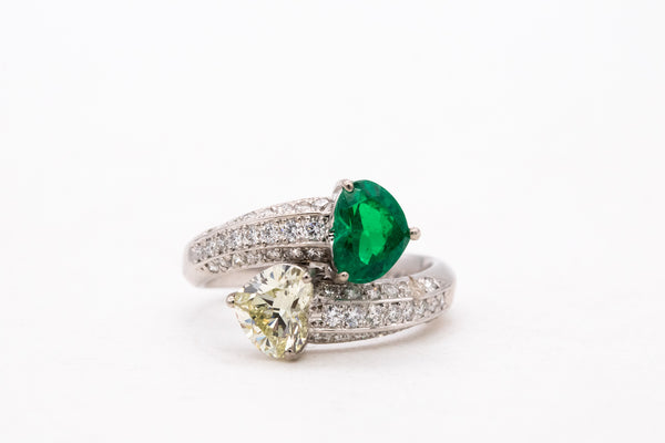 -Gia Certified Platinum Toi Et Moi Ring With 2.81 Ctw In Muzo Colombian Emerald And Diamonds