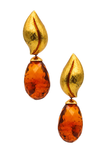 Tiffany & Co. By Paloma Picasso Pair of Dangle Earrings In Hammered 18Kt Yellow Gold With Amber Drops