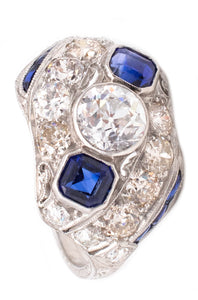 ART DECO 1920 PLATINUM COCKTAIL RING WITH 3.72 Ctw OF VS DIAMONDS AND SAPPHIRES
