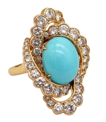 Fred of Paris 1970 Gem Set Cocktail Ring In 18Kt Gold With 12.34 Ctw Of Diamonds & Turquoise