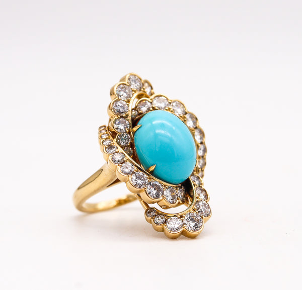 Fred of Paris 1970 Gem Set Cocktail Ring In 18Kt Gold With 12.34 Ctw Of Diamonds & Turquoise