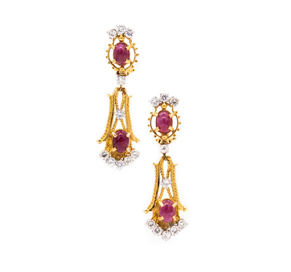 *Etruscan Revival 1950 pair of drop earrings in 18 kt yellow gold with 5.98 Ctw in diamonds & rubies