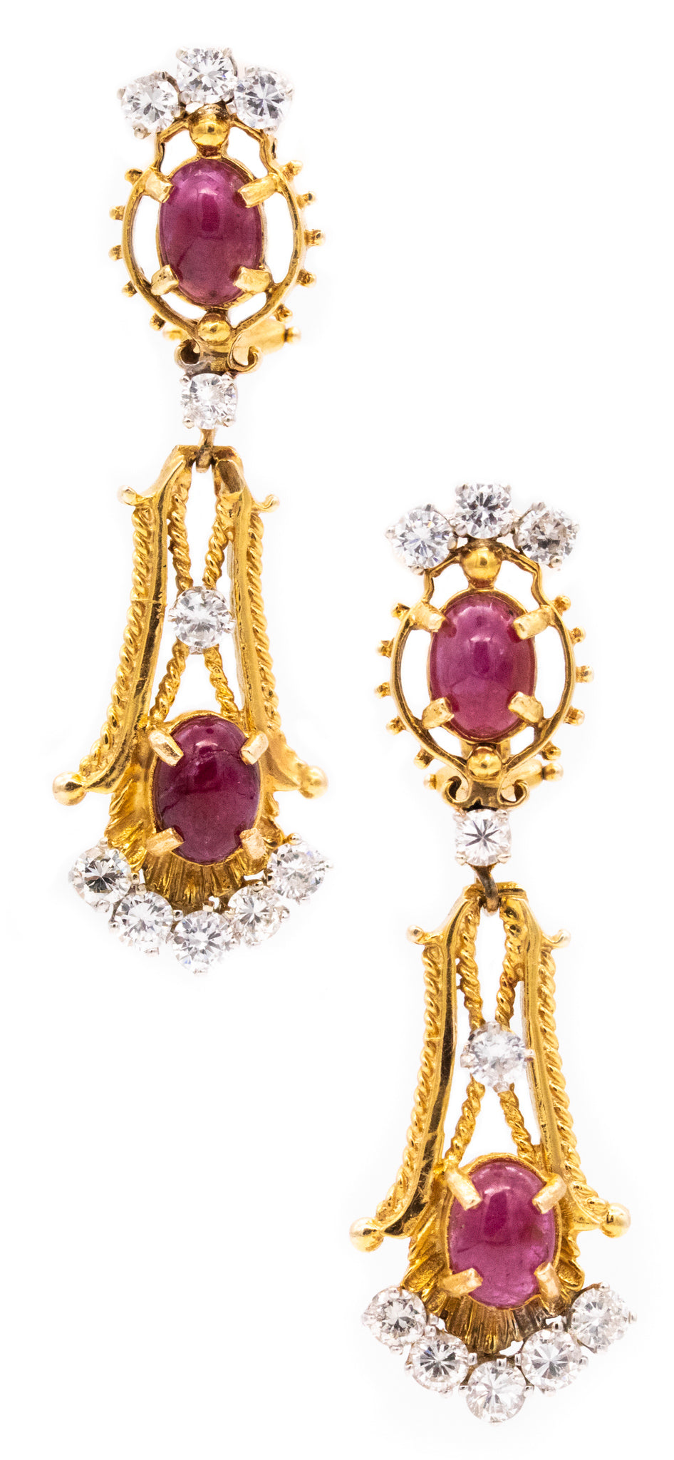 *Etruscan Revival 1950 pair of drop earrings in 18 kt yellow gold with 5.98 Ctw in diamonds & rubies