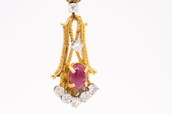 *Etruscan Revival 1950 pair of drop earrings in 18 kt yellow gold with 5.98 Ctw in diamonds & rubies