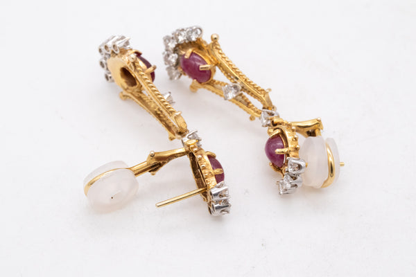 *Etruscan Revival 1950 pair of drop earrings in 18 kt yellow gold with 5.98 Ctw in diamonds & rubies